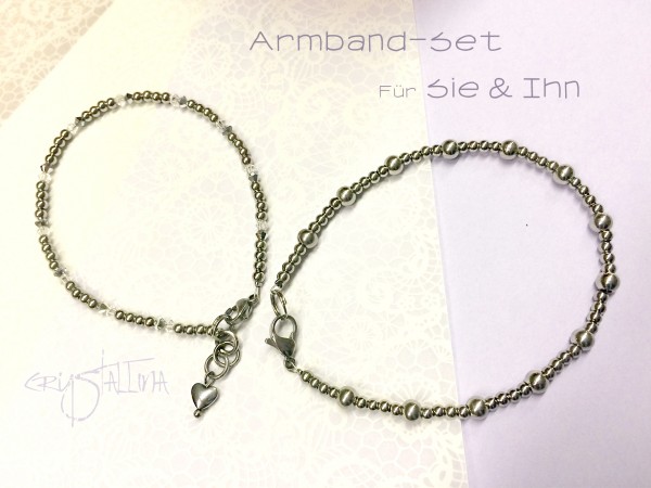 2 Armbänder für Sie und Ihn | Schmuckset aus Edelstahl und mit Swarovskikristallen